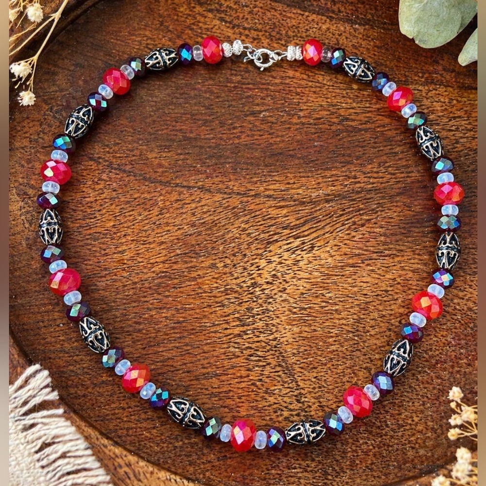 Vintage Artisan Glass Crystal Bead Necklace Red Boho Gothic Choker